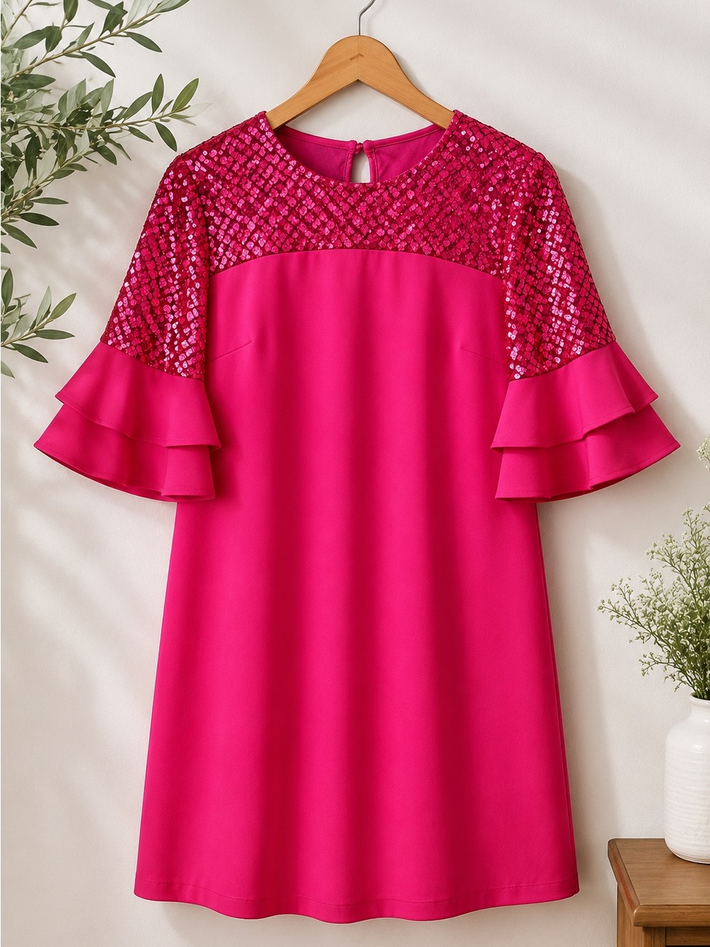 Leslie Fay Pink Sequin Shift Dress Sz 4 Bell Sleeve Cocktail Party Dress Formal